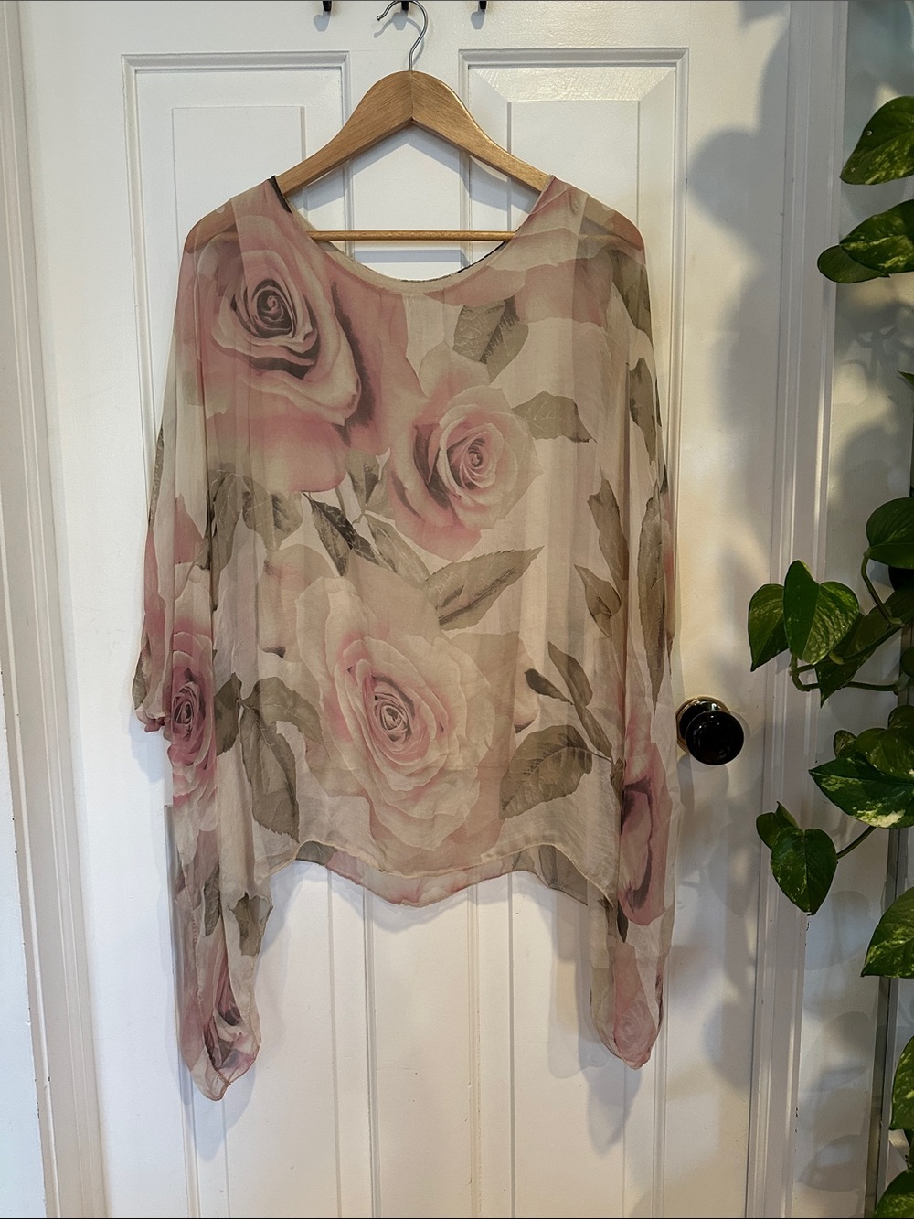 100% Silk Italy rose floral blouse Dolman sleeve blouse garden party, Feminine